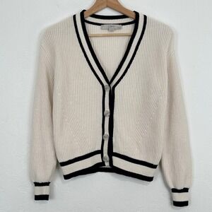 Womens Preppy Tennis Varsity Cardigan Sz XS Petites Ivory Knit Button V-Neck
